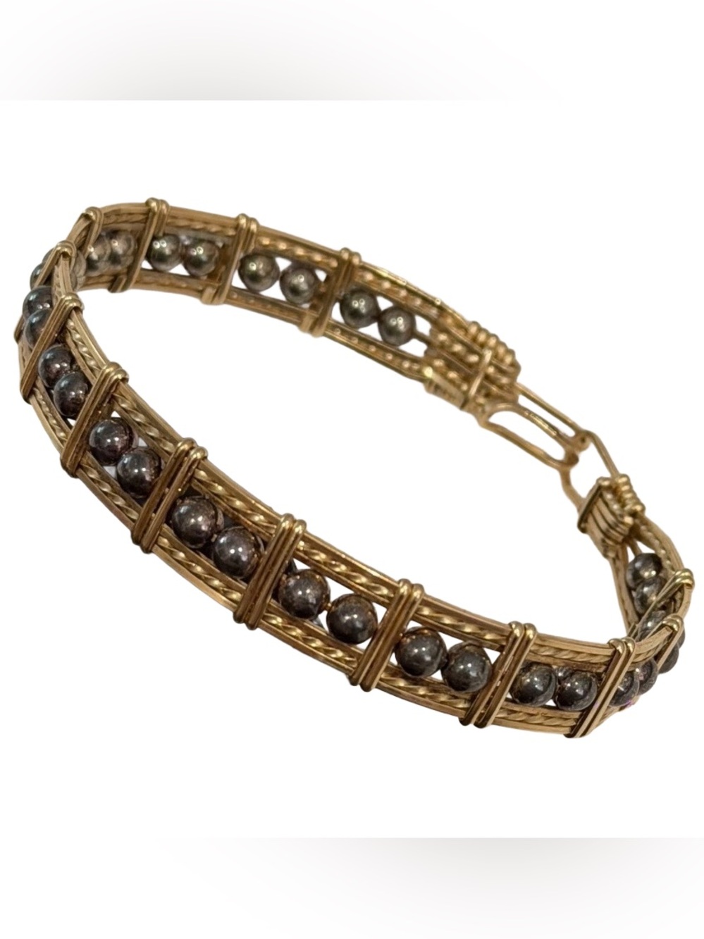 Handmade Goldtone Wire Wrapped Bracelet Hematite Beads 7 1/2” Bangle